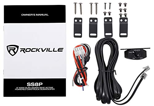 Rockville SS8P 8" Powered Under-Seat Car Subwoofer with RWK10 Amp Kit | 400W Peak / 100W RMS, RCA and High-Level Inputs, Auto Turn-On, Bass Knob, 10 Gauge 100% Copper Wiring, 2-Items