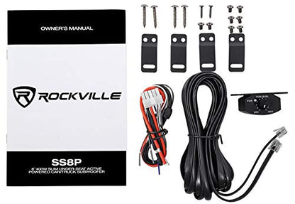 Rockville SS8P 8" Powered Under-Seat Car Subwoofer with RWK10 Amp Kit | 400W Peak / 100W RMS, RCA and High-Level Inputs, Auto Turn-On, Bass Knob, 10 Gauge 100% Copper Wiring, 2-Items