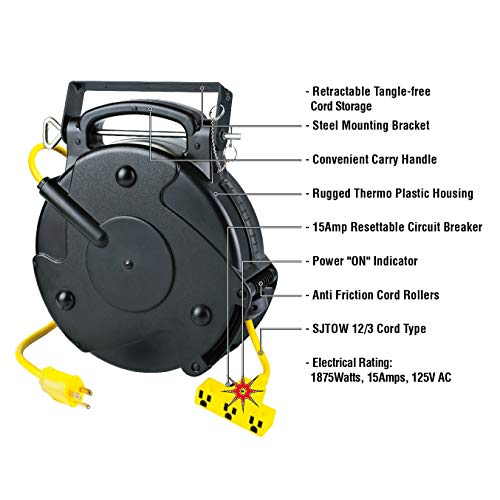 Alert ProReel Pro-Grade 8140TP Heavy-Duty Retractable Extension Cord Reel | 40' - 12/3 SJTOW Electrical Retracting Cord | Tri-Tap Grounded Outlet with Power Light | 15 Amp Resettable Circuit Breaker