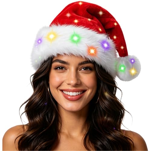 Christmas Hat for Adults/Kids/Baby, Santa Hats Unisex, Red Velvet Thicken Holiday Xmas Hat for Festive New Year Party - color: Red - Led Light