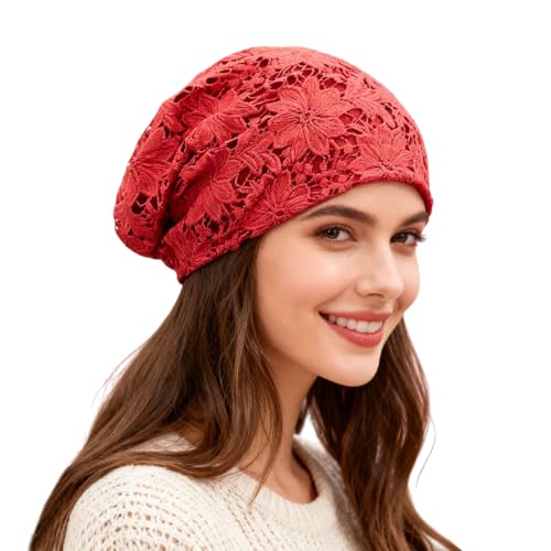 Crochet Slouchy Beanie Hat Handmade Knit Slouchy Floral Skull Hat Cutout Hats for Women Lightweight Knitted - color: F-red