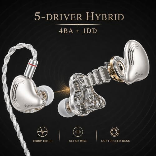 Rosmas Wired Earbuds with Mic, USB-C Wired Earbuds HiFi Earphones,SM10 Pro 5-Driver Hybrid IEM Earphones, 4BA+1DD Driver System, Detachable 2-Pin Cable, in Ear Monitors for Gaming Music Calls，Sliver - color: Silver