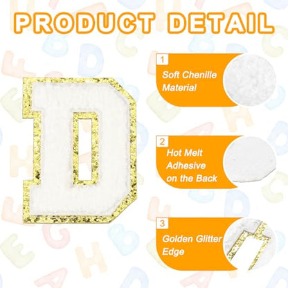 MECCANIXITY Chenille Letter Patches 3.1" Alphabet D Iron on Embroidered Patch Sew on Letter Stickers Applique for Repairing Clothing Jeans Shoes Hats DIY(White, Pack of 4) - style: Letter-D