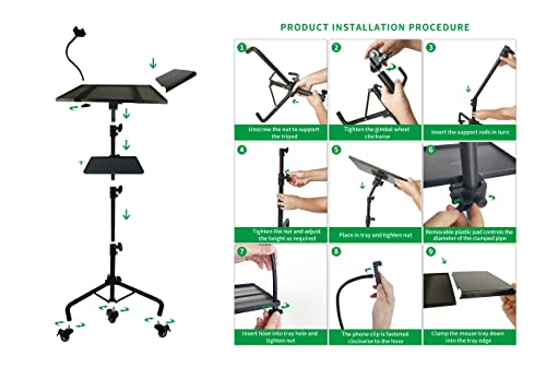 Projector Tripod Stand with Wheels Adjustable Height Laptop Tripod Stand Treadmill Laptop Stand with 2 Shelves Mouse Tray Phone Holder Projector Tripod Music Stand Office Home Portable Laptop Floor Stand