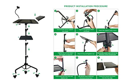 Projector Tripod Stand with Wheels Adjustable Height Laptop Tripod Stand Treadmill Laptop Stand with 2 Shelves Mouse Tray Phone Holder Projector Tripod Music Stand Office Home Portable Laptop Floor Stand