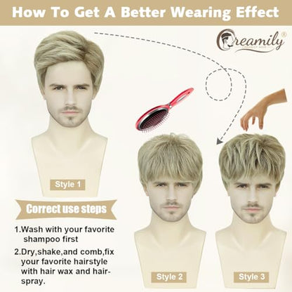 Creamily Mens Short Blonde Wigs Blonde Mixed Brown Male Wig Layered Natural Short Wigs for Men Daily Wear Halloween Party Cosplay - color: I-Light Ash Blonde