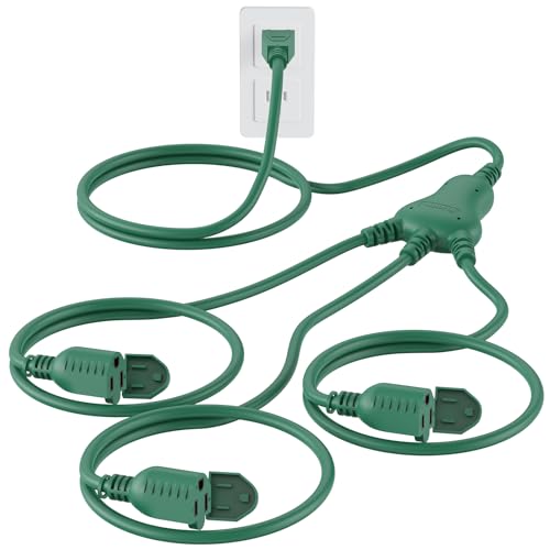 PLUGTUL 12FT Outdoor Extension Cord with Multiple Outlets, 1 to 3 Splitter Max 6FT End to Male Plug (Total 12FT) 16/3 SJTW Waterproof Power Cord for Halloween Christmas, ETL Listed, Green - color: Green, size: 12FT
