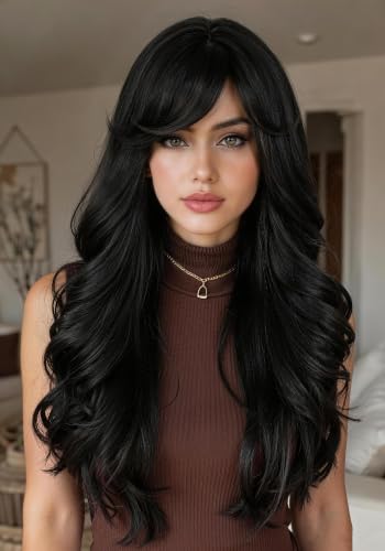 WIGER Black Long Wavy Hair With Bangs, Layered Synthetic Curly Wig Black Wig for Women Daily Party Use, No Lace Cosplay/Music Festival/Carnival/Valentine's Day Wigs - color: Black