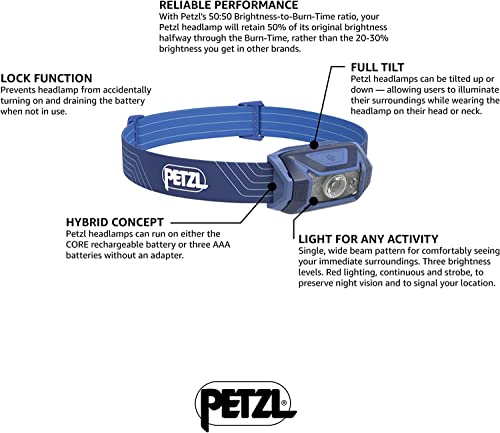 Petzl Tikka Headlamp - Blue (Classic) | Compact, 350 Lumen Light with Red Lighting, for Hiking, Climbing, Running, & Camping - color: Blue/Blue