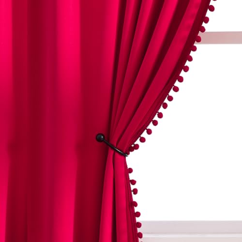 Red Pom Pom Velvet Curtains for Holiday Season 42"x84" Room Darkening Drape - color: Pom Pom- Red 2, size: 42"W x 84"L (Pack of 2)