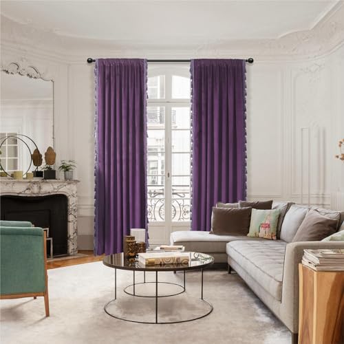 Fazhesici Purple Velvet Blackout Curtains, Rod Pocket 2 Panels, 52”W x 63”H | Velvet Drapes with Tassels, Thermal Soundproof Blackout Curtains for Living Room - color: Purple, size: 52"W x 63"L (Pack of 2)
