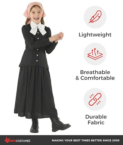 Morph, Harriet Tubman Costume Kids, Halloween Costumes for Kids | Long Black Prairie Dress with Peplum Waist, Detachable Bow Collar Included, Perfect for Halloween, Fun for Dressing Up - size: Medium