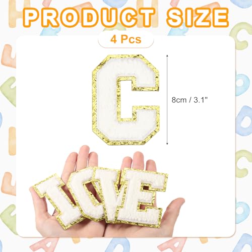 MECCANIXITY Chenille Letter Patches 3.1" Alphabet C Iron on Embroidered Patch Sew on Letter Stickers Applique for Repairing Clothing Jeans Shoes Hats DIY(White, Pack of 4) - style: Letter-C
