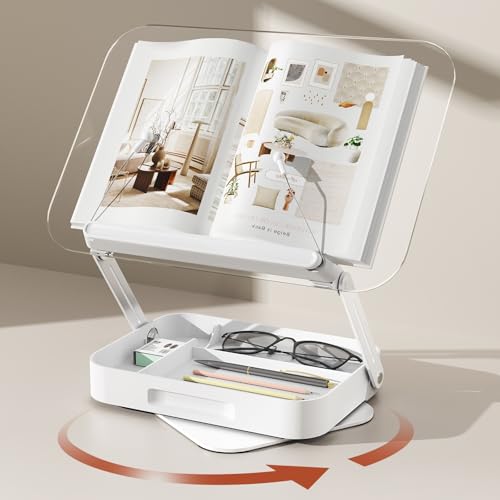 BYMECOST Acrylic Book Stand for Reading, Book Stand with Storage, White | 360° Rotating Base With Elastic Page Clips, Adjustable Book Holder For Magazines, Tablets And Laptops, Foldable For Storage - color: White With Storage