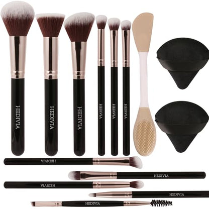 Black Makeup Brushes Set 14 Pcs Professional, Premium Synthetic Foundation Makeup Brush Concealer Powder Blush Eyeshadow Brushes with 2 Powder Puff & Dual-ended Mask Applicator.Gifts for Girls - color: black