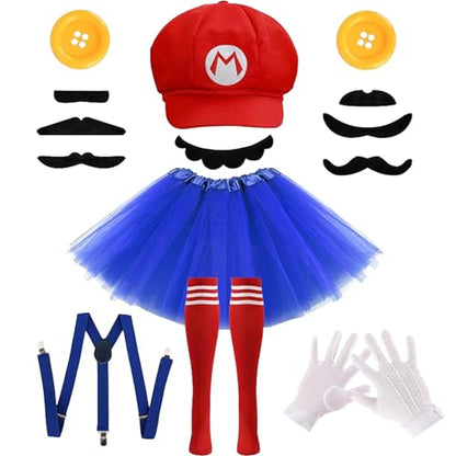 7 Pcs Halloween Cosplay Costumes Accessories Set for Women Plumber Costume Outfit Cosplay Party Tutu Hat - color: Red
