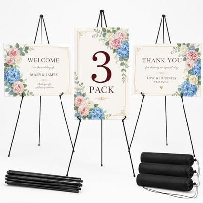 3 Pack Easel Stand for Sign, 63 Inch Portable Display Easel Stand, Black Metal Floor Easel for Wedding Welcome Sign, Poster Board, Party, Presentation, Event Display with Storage Bags