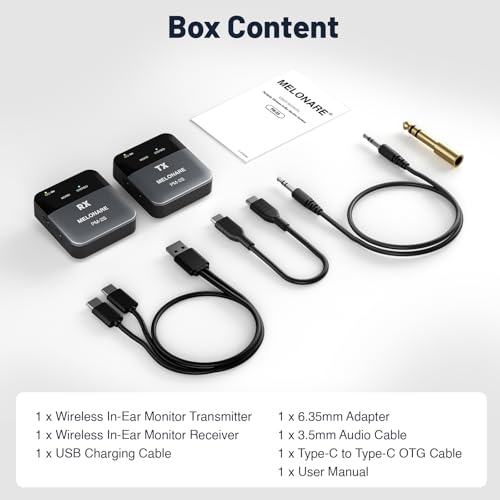 MELONARE Portable Wireless in-Ear Monitor System Mono/Stereo PM-2S | Wireless Audio Transmitter and Receiver, 24bit/48kHz Audio, Mono/Stereo Switch, OTG Input, Live Shows, Studios, Bands - size: 1 receiver +1 transmitter