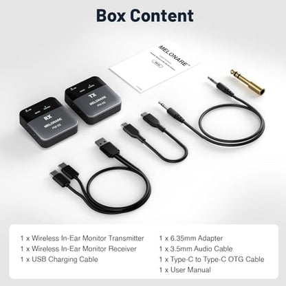 MELONARE Portable Wireless in-Ear Monitor System Mono/Stereo PM-2S | Wireless Audio Transmitter and Receiver, 24bit/48kHz Audio, Mono/Stereo Switch, OTG Input, Live Shows, Studios, Bands - size: 1 receiver +1 transmitter