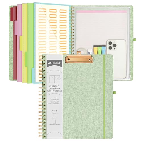 Ospelelf Green Foldable Spiral Clipboard Folio with Storage Zipper Pouch, 5 Plastic Folders with 10 Pockets, Refillable Lined Notepad (11" x 8.5"), Linen Hardcover Project Organizer - color: Lime Green
