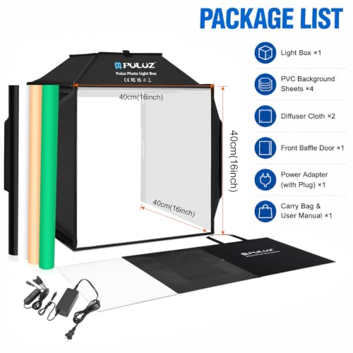 PULUZ Upgraded 16"x16" Photo Studio Light Box & Soft Box | 480 LED Beads, CRI 95+, 4 Color PVC Backdrops, Anti-Reflection, Professional Shooting Tent for Jewelry & Product Photography - size: Upgrade 16 Inch