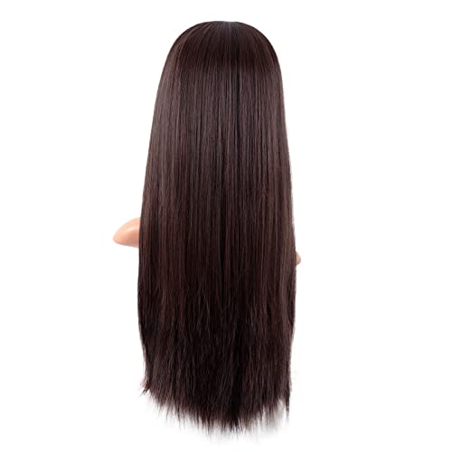 MapofBeauty 24 Inch Long Straight Flat Bangs Party Cosplay Wig, Dark Brown | 60 cm Synthetic Hair Wig, Heat Resistant, Women - color: Dark Brown