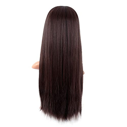 MapofBeauty 24 Inch Long Straight Flat Bangs Party Cosplay Wig, Dark Brown | 60 cm Synthetic Hair Wig, Heat Resistant, Women - color: Dark Brown