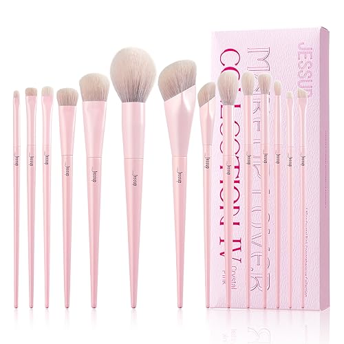 Jessup Pink Makeup Brushes Set 14Pcs Make up Brushes Premium Vegan Foundation Concealer Blush Eyeshadow Eyeliner Powder Highlighter Blending Face Brush Set, T495 - color: Pink-14pcs, size: Full Brush Set