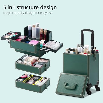 Somduy Makeup Train Case, Rolling Makeup Case with Lid, 5 in 1 Cosmetology Case on Wheels, Christmas Gift, Large Makeup Case Organizers, Profesional Cosmetic Case for Salon Barber, Green - color: Green