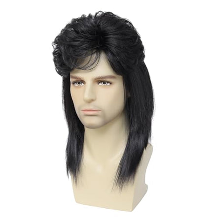 Men's 80s Black Rock Mullet Wig, Retro Voluminous Spiky Costume Wig, Ideal for Halloween, 80s Theme Parties, Rock Concerts and Cosplay (Black) - color: m2058-Black