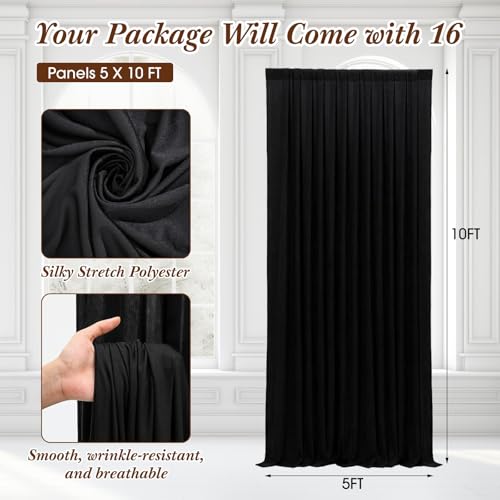 Tingjoo 80 FT x 10 FT Black Backdrop Curtains, Set of 16 Panels | Wrinkle Free Wedding Backdrop Drapes, Polyester Photo Backdrop Cloth for Birthday Graduation Party Photography Background - color: Black