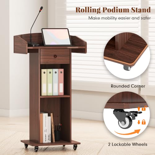 Portable Podium Stand with Metal Wheels Wooden Rolling Lectern Podiums Mobile Pulpit with Drawer Host Stand Reception Desk for Church Office Classroom Conference Restaurant, Brown - color: Brown