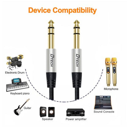 DTECH 3ft Electric Guitar Cable TRS 1/4 Instrument Cord Aux Balanced Stereo Jack Quarter Inch 6.35mm for DJ Speakers Amplifier Bass Studio Audio Monitor Mixer - size: 3ft