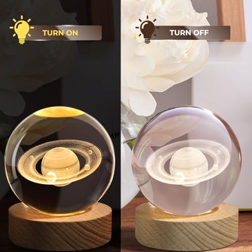 Flexzion 3D Saturn Crystal Ball Night Light - LED Light Hologram Glass Lamp w/Solid Wood Base, USB Powered Crystal Ball Lamp w/Adjustable Brightness for Home Decor Display Gift, 3.15 inch (80mm) | Saturn Lamp with Solid Beech Wood Base and Adjustable Brig