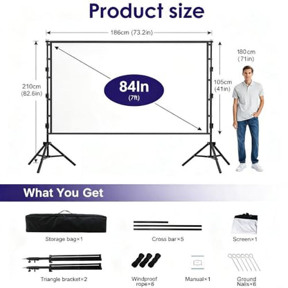 Outdoor Projector Screen with Stand, 84 inch Indoor Movie Screen 16:9 4K Rear Front Portable Projection Screen, Quick Setup Foldable Travel Home Theater Screen with Carry Bag for Backyard Camping - size: 84 inch-ZJ