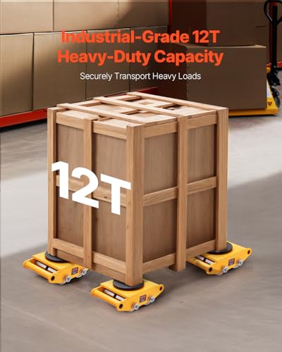 VEVOR 4-Piece Machinery Skate Dolly, 26,455 Lbs, 12T Industrial Machinery Mover, Heavy Duty Carbon Steel, 360° Rotation, Non-Slip Cap, Yellow - size: 4 Packs-Steel Wheels