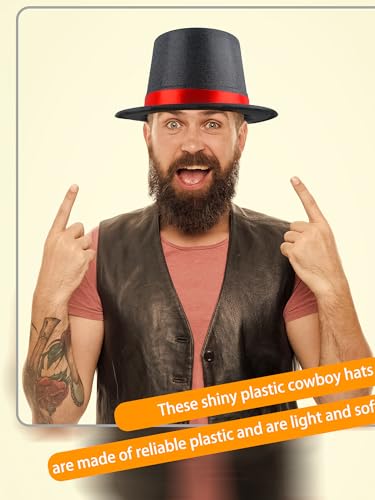 12 Pack Adults Top Hats Bulk Black Glitter Top Hat with Red Band Plastic Magician Hat for Men Women Dress Up Supply - color: Color Style 2 ( Pvc Glitter )