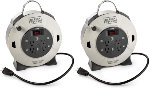 BLACK+DECKER 25 Ft. Retractable Extension Cord Reel with 4 Outlets, 2 USB Ports, Multi-Plug Extension, On/Off Switch & Heavy-Duty 16AWG SJT Cable (Pack of 2) - size: 25 ft (Pack of 2)