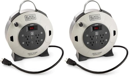 BLACK+DECKER 25 Ft. Retractable Extension Cord Reel with 4 Outlets, 2 USB Ports, Multi-Plug Extension, On/Off Switch & Heavy-Duty 16AWG SJT Cable (Pack of 2) - size: 25 ft (Pack of 2)