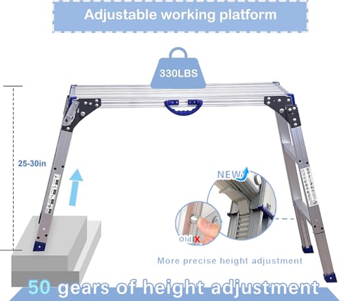 Work Platform 39"x12",50 Gear Adjustable Height 25 to 35 inches Portable Folding Aluminum Step Ladder of Capacity 330 Lbs Heavy Duty | Adjustable Height 25 to 35 inches, Portable Foldable, 330 Lbs Capacity, Heavy Duty,Step Ladder - size: Adjustable 12"(W)