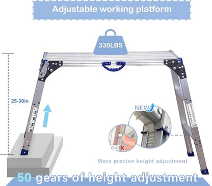 Work Platform 39"x12",50 Gear Adjustable Height 25 to 35 inches Portable Folding Aluminum Step Ladder of Capacity 330 Lbs Heavy Duty | Adjustable Height 25 to 35 inches, Portable Foldable, 330 Lbs Capacity, Heavy Duty,Step Ladder - size: Adjustable 12"(W)