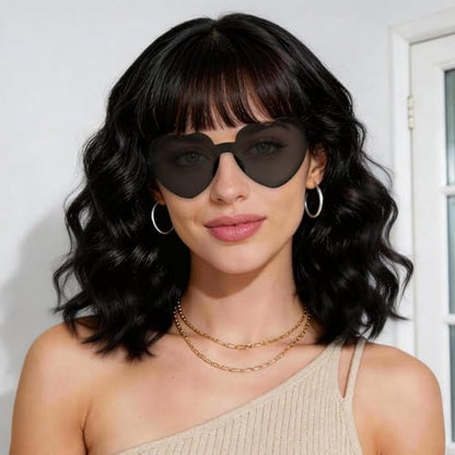 Black Wavy Bob Wig with Heart Glasses for Women, Neon Party Hair Replacement Curly Synthetic Wigs Shoulder Length Hair with Hair Cap for Costume Cosplay Bachelorette Party Birthday Fashion Show - color: Black