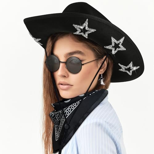 GIFIKOI Cowgirl Outfits Star Cowboy Hat Sparkly Boots Earrings Bandana Sunglasses for Women Western Costume Accessories - color: Black