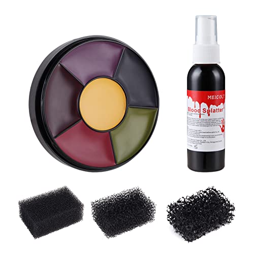 MEICOLY 6 Color Bruise Wheel for Special Effects, 2.1oz Fake Blood Spray Blood Splatter Theatrical Halloween Liquid Blood for Clothes Face Body Paint with 3pcs Stipple Sponges - color: bruise makeup kit