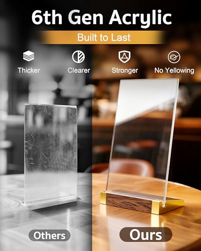Acrylic Sign Holder 8.5 x 11 Inch with Walnut Wood Base, 1 Pack Clear Table Sign Holders for Tabletop Menu & Flyer Stand, Commercial Table Frames for Restaurant, Office, Coffee, Bar, Wedding, Hotel