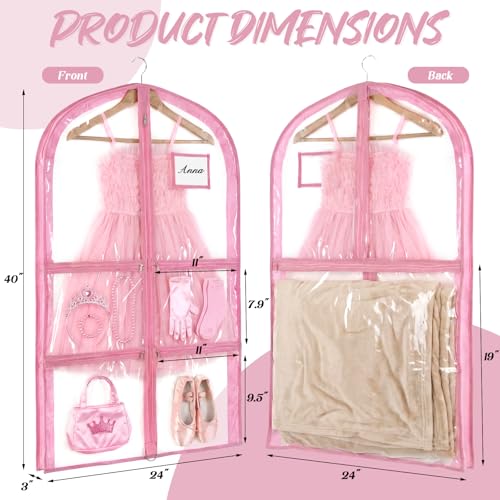 Nuenen 3 Pack Dance Garment Bags for Costumes Clear Dance Recital Organizer with Pockets & Labels, 40 Inch PVC Hanging Costume Bag for Competition Travel, Garment Bag with Compartments(Pink) - color: Pink