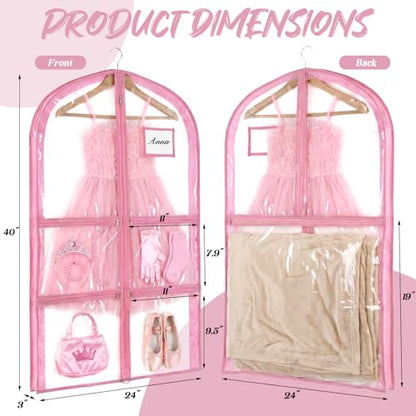 Nuenen 3 Pack Dance Garment Bags for Costumes Clear Dance Recital Organizer with Pockets & Labels, 40 Inch PVC Hanging Costume Bag for Competition Travel, Garment Bag with Compartments(Pink) - color: Pink