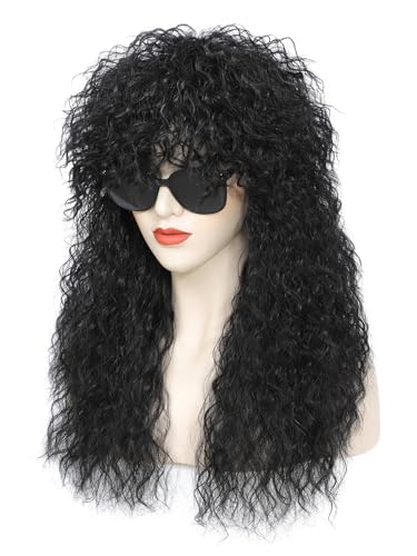 Adequate Women’s 80s Rocker Mullet Wig Halloween Costume Wig Long Curly Black Party Funny Wig (Black) - color: W-Black