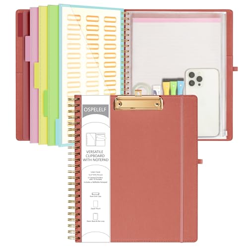 Ospelelf Red Foldable Spiral Clipboard Folio with Storage Zipper Pouch, 5 Plastic Folders with 10 Pockets, Refillable Lined Notepad (11" x 8.5"), Linen Hardcover Project Organizer - color: Red