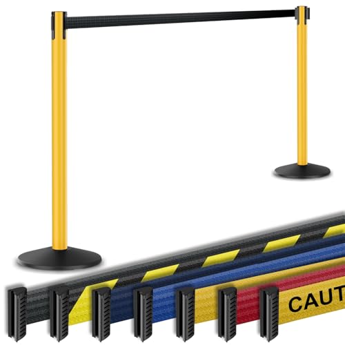 Prime 10' Long Outdoor Weather Resistant Retractable Belt Stanchion 2 Pk, 40” Tall No-Tools Assembly Crowd Control Barriers (Yellow Aluminum Post w/Black Belt) | Commercial Grade Outdoor Retractable Belt Stanchions, PRIME, Cement Base, Tool-Free, Crowd Co